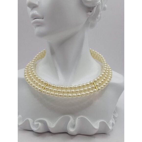 Vintage Three Strand Gold Tone Spacers Memory Wire Choker Necklace - Picture 6 of 9